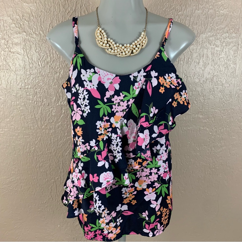 A New Day Navy Floral Ruffled Tank Top
